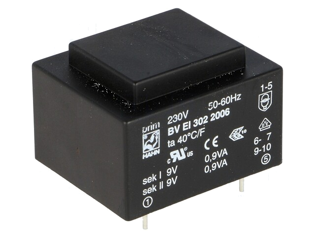 Transformator: ingegoten; 1,8VA; 230VAC; 9V; 9V; 100mA; 100mA; PCB Transformator: ingegoten; 1,8VA; 230VAC; 9V; 9V; 100mA; 100mA; PCB